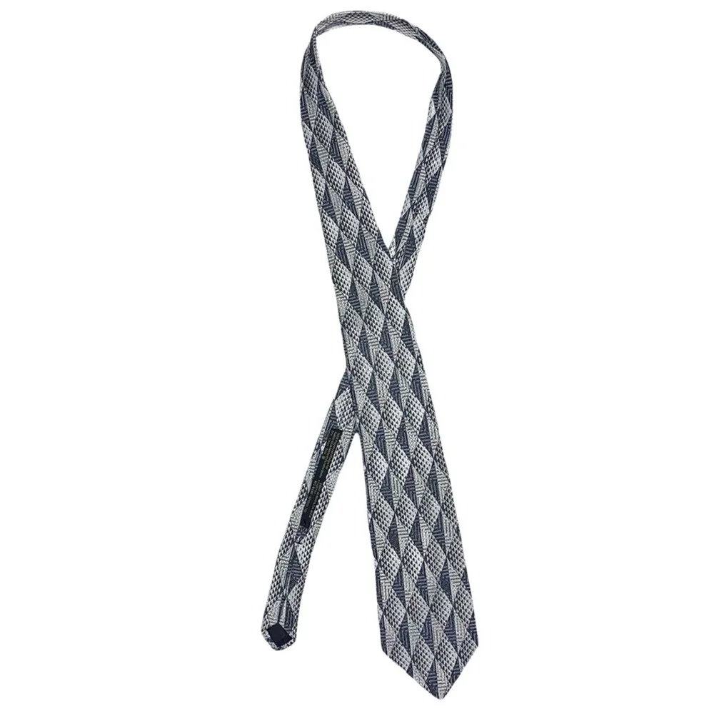 Oaktree Mens Neck Tie Black Silver Gray Geometric Diamond Pattern Woven Formal